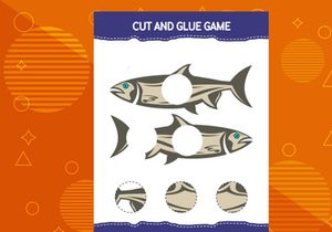 10 Pages Cut and glue game for kids with fish. Cutting practice for preschoolers. Education worksheet.