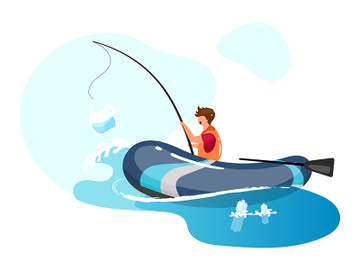 Person fishing in sea full of garbage flat concept icon preview picture