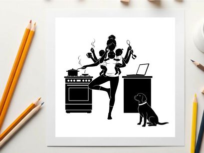 Silhouette of a multitasking woman with dog and kitchen office