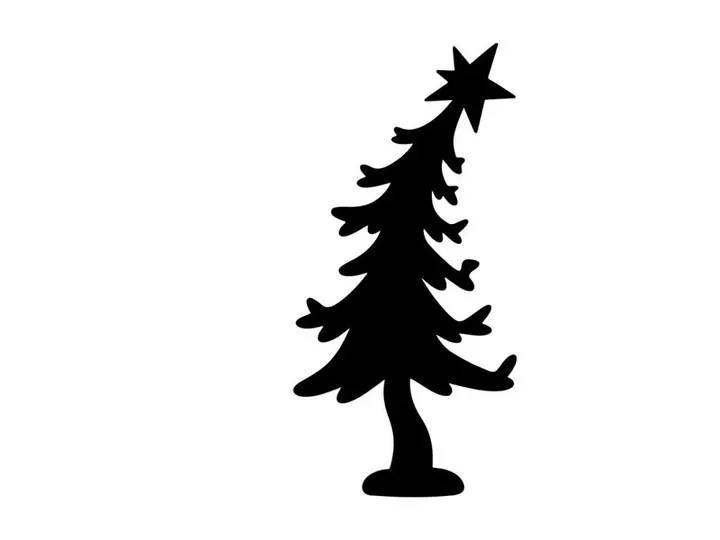 Black Christmas tree silhouette with star topper isolated on white background