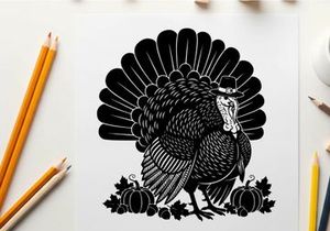 Black and white silhouette of a turkey with pumpkins and leaves