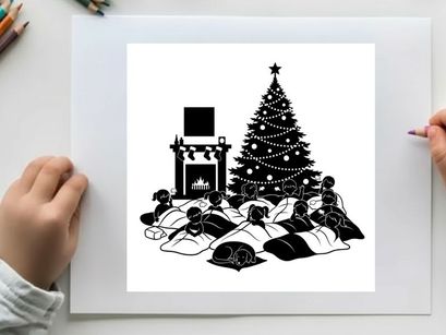 Christmas silhouette of children sleeping near tree and fireplace