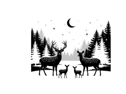 Deer family silhouette under moonlit night sky with pine trees