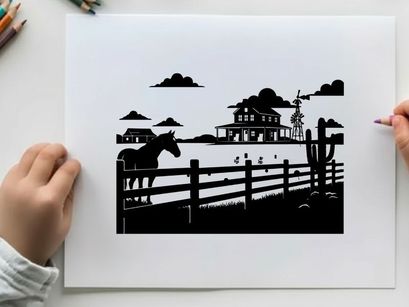 Rural landscape silhouette with horse and farmhouse