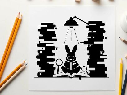 Silhouette of a rabbit reading under a desk lamp silhouette