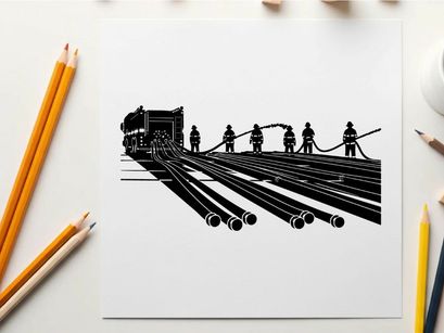 Firefighters in silhouette operating hoses and truck