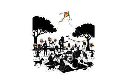 Silhouette of people and dogs at a park with a kite preview picture