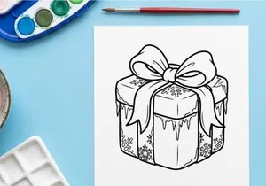 Christmas gift box with bow and snowflakes line art illustration for coloring page