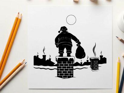 Santa claus silhouette on a snowy rooftop with a sack