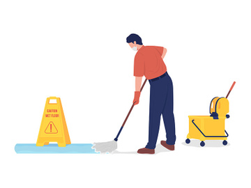 Janitor mopping floor semi flat color vector character preview picture