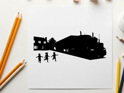 Silhouette of children playing near a train and buildings