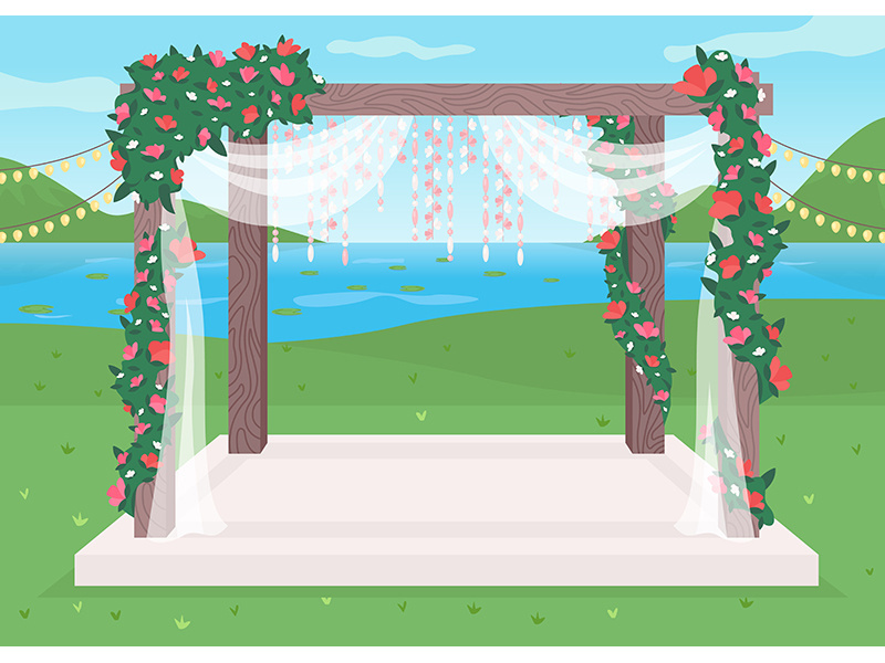 Luxurious outdoor wedding venue flat color vector illustration