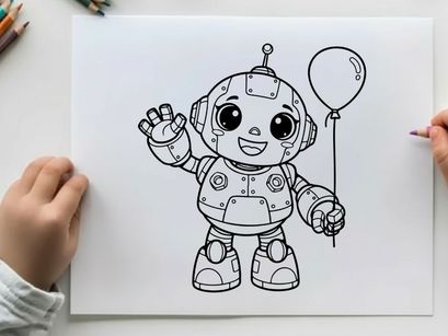 Cute robot holding balloon vector illustration flat design