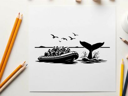 Whale watching tour boat approaches silhouette of large whale