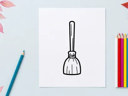 Hexenbesen-Symbol. Einfache Schwarz-Weiß-Liniengrafik einer magischen Besenstange.