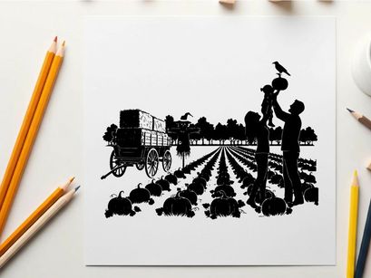 Silhouette of people harvesting pumpkins in a field with a wagon and bird
