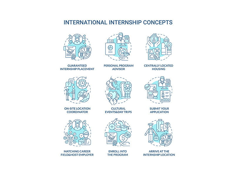 International internship concept icons set