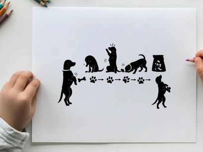 Silhouette of dogs playing fetch with paw prints and dog food