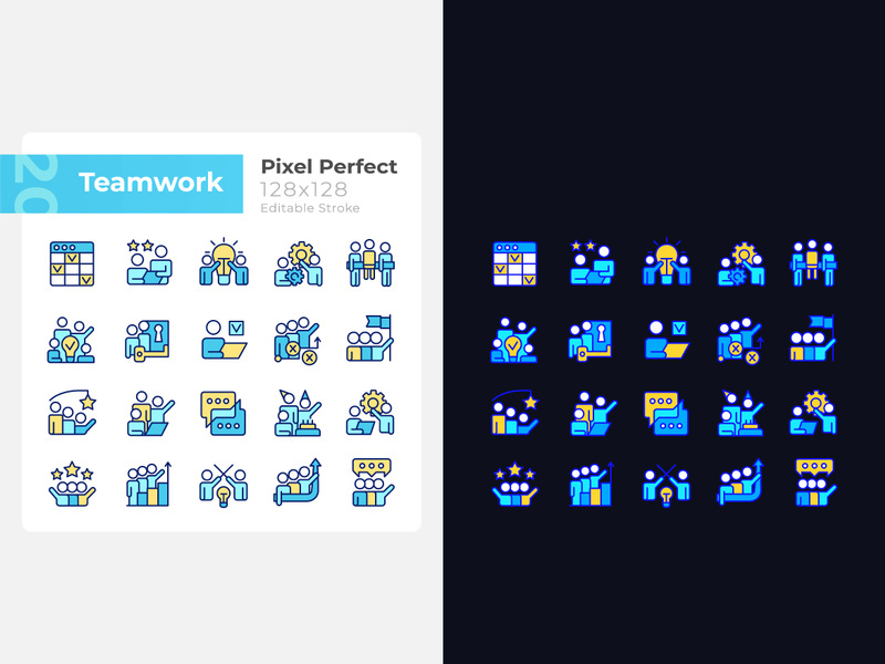 Teamwork pixel perfect light and dark theme color icons set