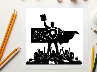 Silhouette of a heroic teacher standing in front of a classroom