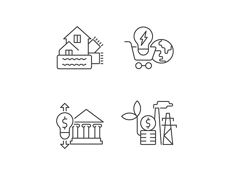 Renewable electrical energy cost linear icons set