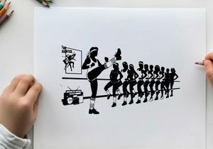 Silhouette of a woman leading a line of dancing silhouettes