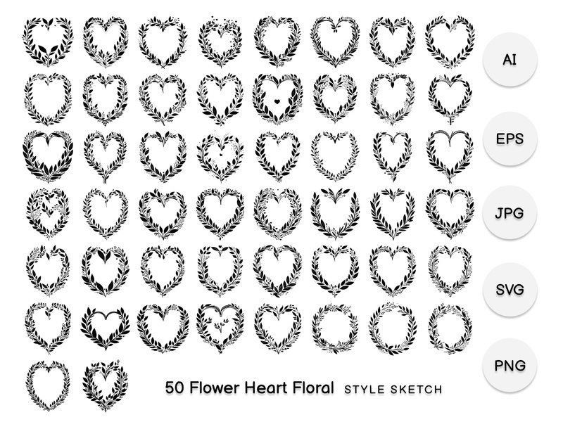 Flower Heart Floral Element Draw Black