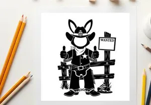 Wanted cartoon rabbit silhouette in cowboy outfit with thumbs up
