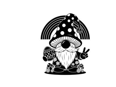 Black and white silhouette of a peaceful mushroom gnome with rainbow