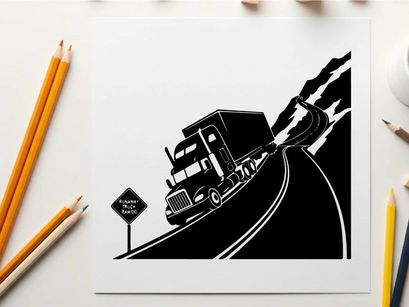 Silhouette of a speeding truck on a curved road with a warning sign