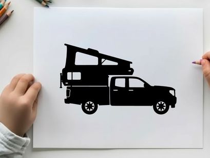 Silhouette of a pickup truck with a camper on the back