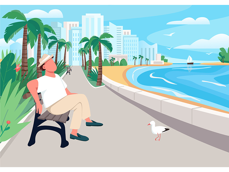 Man sitting on seafront street bench flat color vector illustration