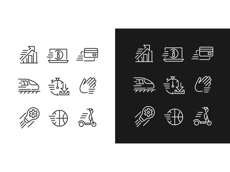Moving objects pixel perfect linear icons set for dark, light mode
