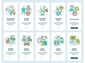 Etiquette onboarding mobile app screen set preview picture