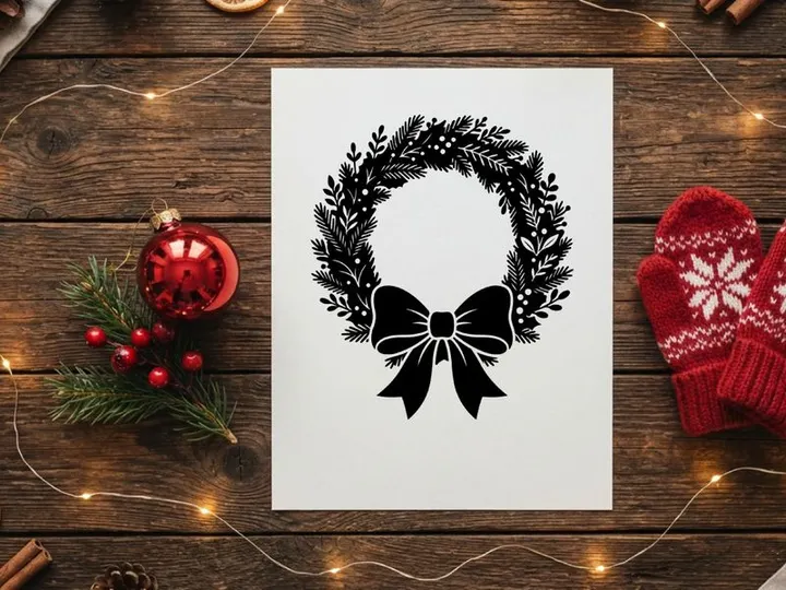 Black Christmas wreath icon with bow, festive holiday evergreen foliage silhouette design.