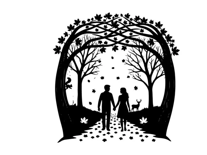 Romantic silhouette of couple holding hands in forest with deer and trees