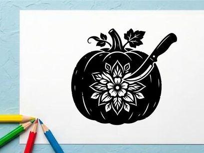Pumpkin with flower design and spoon for Halloween or autumn decor