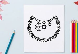 Hand-drawn Halloween charm bracelet with moon and stars. Spooky jewelry illustration for festive accessory design and craft projects.