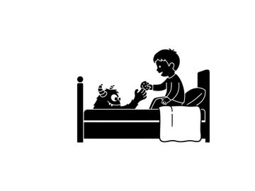 Silhouette of a child and teddy bear in bed at night preview picture