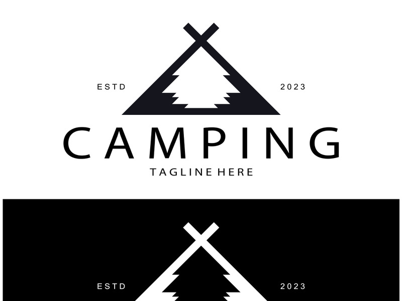 vintage and retro tent logo, camping. With tent, tree and bonfire sign. adventurers, scouts, climbers, camping equipment center