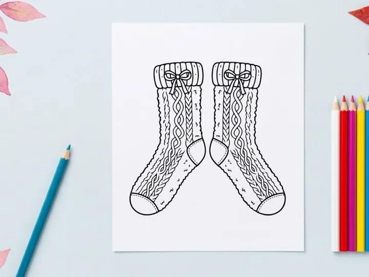 Pair of knitted Christmas socks with bows, hand drawn line art illustration.