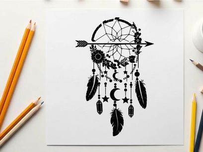 Silhouette dreamcatcher with arrow and feathers silhouette