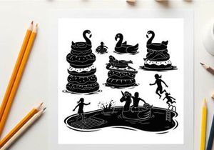 Silhouette illustration of swans and children playing on a pond