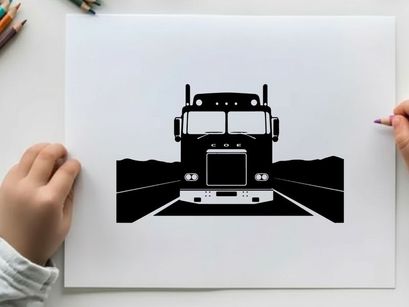 A silhouette of a semi truck driving down a highway at night