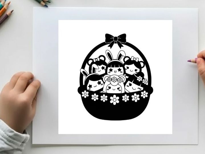 Silhouette of sanrio characters in easter basket with flowers and bow