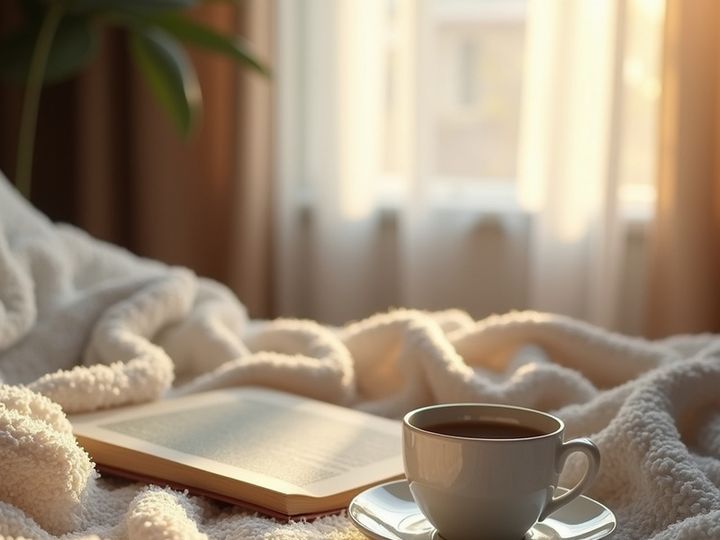 A soothing image shows a cup of coffee and an open book resting on a soft, white blanket.