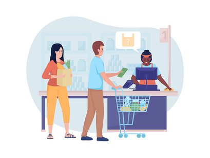 Buying groceries in shop 2D vector isolated illustration set
