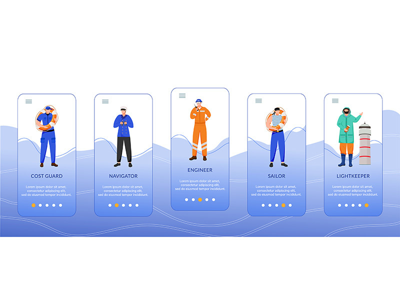 Maritime professions onboarding mobile app screen vector template