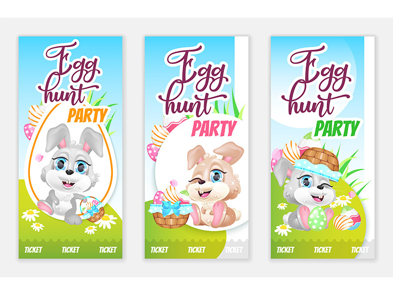 Egg hunt party tickets, free flyers flat vector templates set