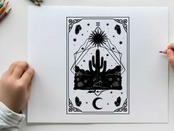Silhouette tarot card with cactus and celestial bodies preview picture